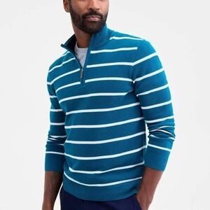 NWT Club Room Men's Teal & White Striped ¼ Zip-Up Sweater